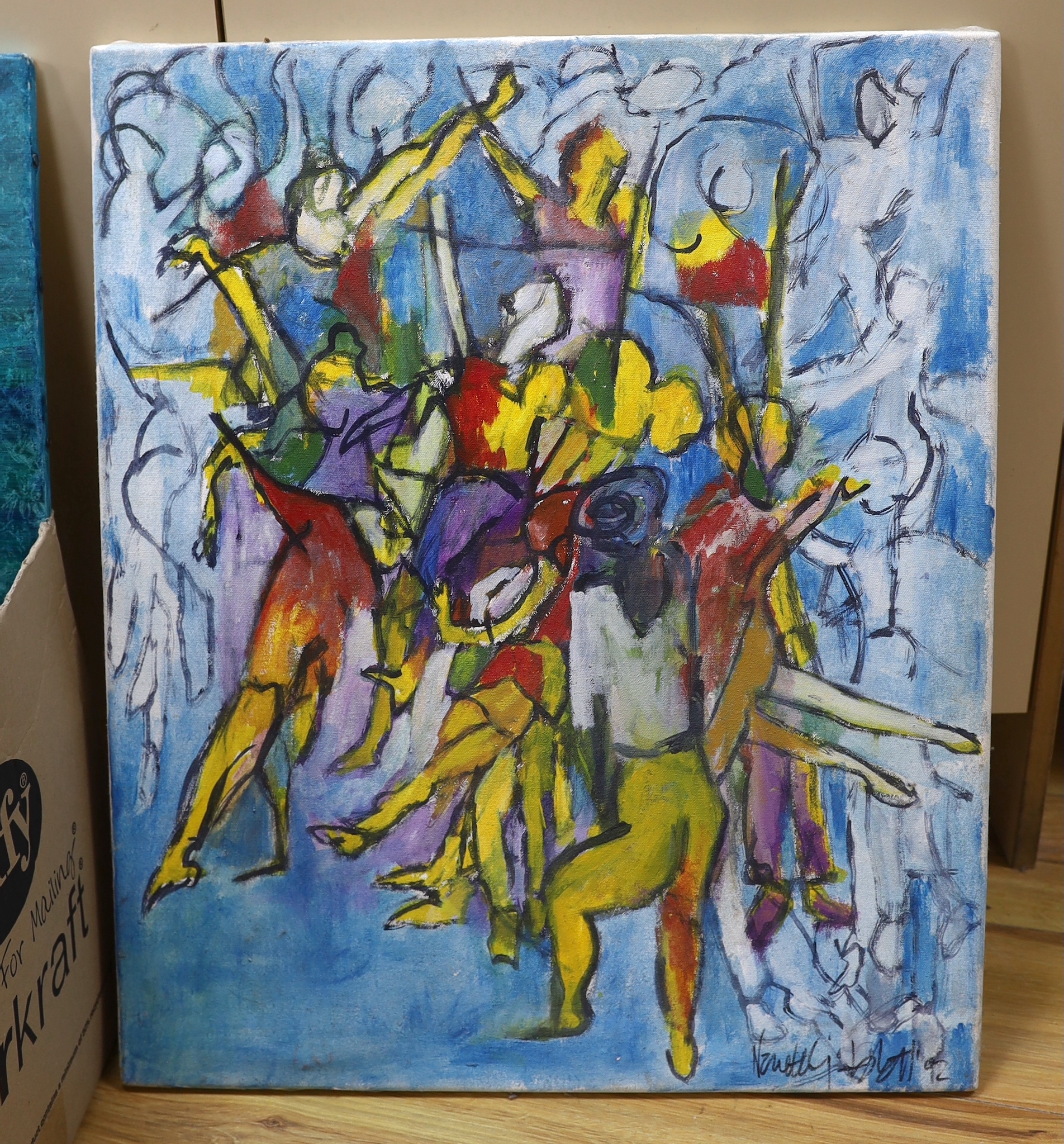 A collection of paintings and prints including oil on canvas, Semi-nude female, signed Ellectra and two hand coloured maps